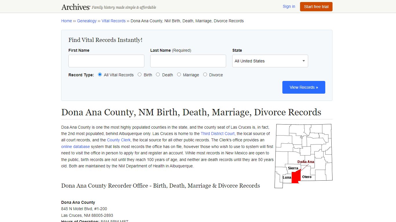 Dona Ana County, NM Birth, Death, Marriage, Divorce Records